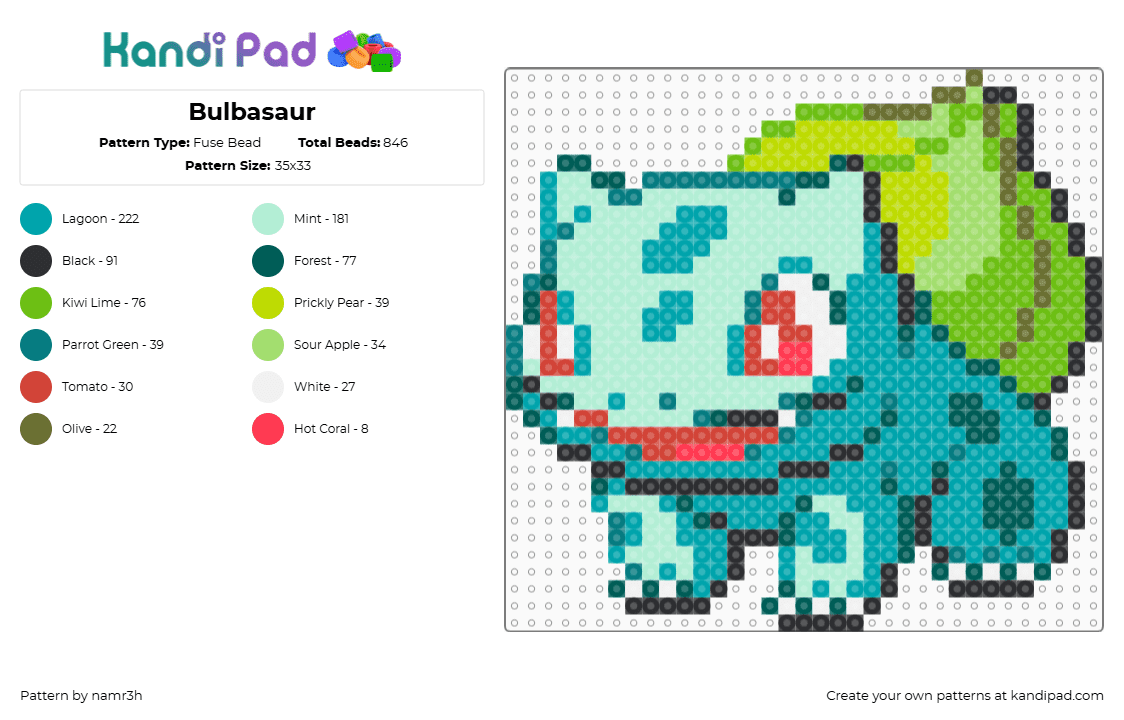Bulbasaur - Fuse Bead Pattern by namr3h on Kandi Pad - green,teal,light blue