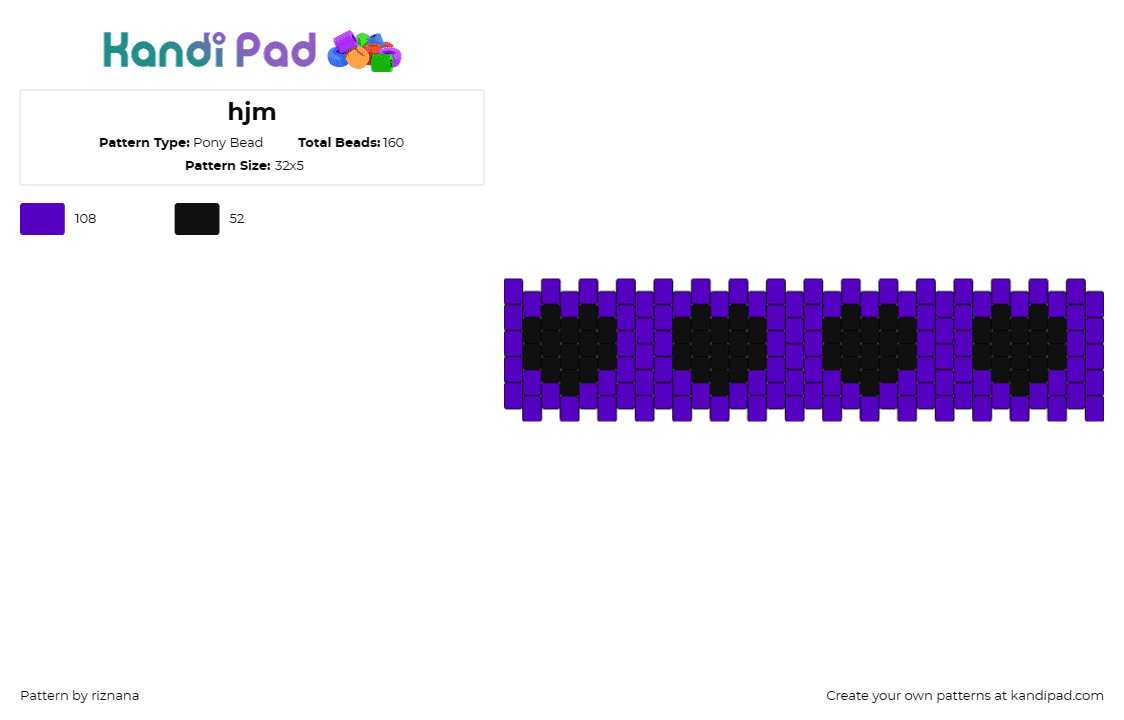 hjm - Pony Bead Pattern by riznana on Kandi Pad - hearts,cuff,simplicity,enchanting,series,affection,purple,black