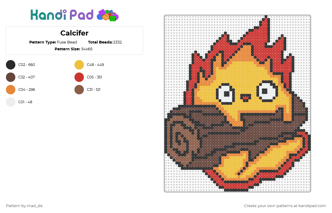 Calcifer - Fuse Bead Pattern by mad_de on Kandi Pad - calcifer,howls moving castle,fire,log,character,anime,ghibli,cute,movie,studio ghibli,brown,red,yellow