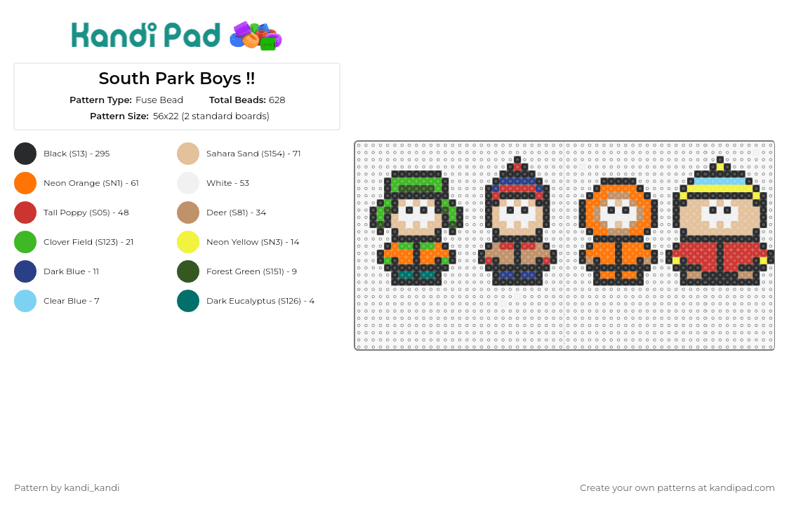 South Park Boys !! - Fuse Bead Pattern by kandi_kandi on Kandi Pad - south park,kyle broflovski,stan marsh,kenny mccormick,eric cartman