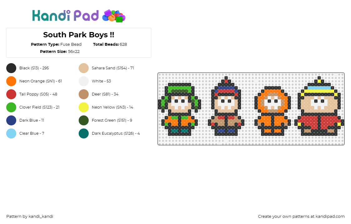 South Park Boys !! - Fuse Bead Pattern by kandi_kandi on Kandi Pad - south park,kyle broflovski,stan marsh,kenny mccormick,eric cartman