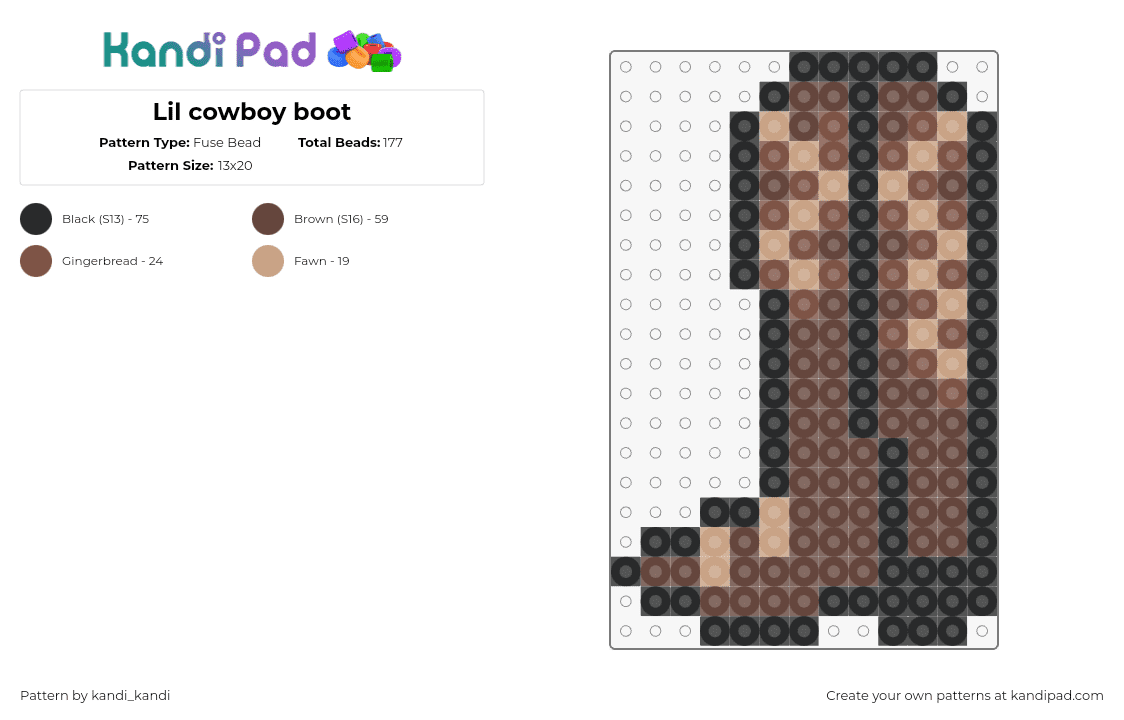 Lil cowboy boot - Fuse Bead Pattern by kandi_kandi on Kandi Pad - boot,cowboy,shoe,leather,clothing,brown