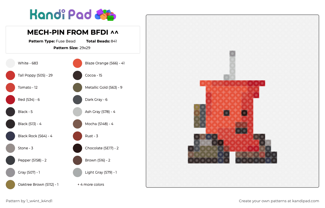MECH-PIN FROM BFDI ^^ - Fuse Bead Pattern by 1_w4nt_k4nd1 on Kandi Pad - white,red,brown