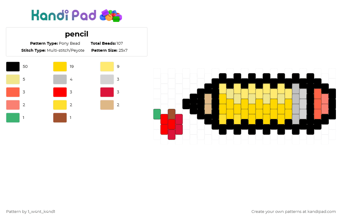 pencil - Pony Bead Pattern by 1_w4nt_k4nd1 on Kandi Pad - black,yellow,red