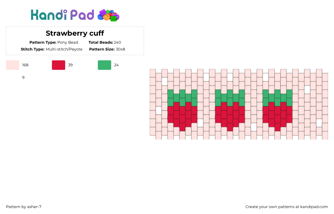 Strawberry cuff - Pony Bead Pattern by asher-7 on Kandi Pad - white,green,red
