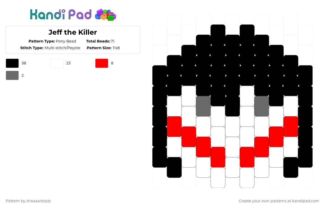 Jeff the Killer - Pony Bead Pattern by shaaaarkzzzz on Kandi Pad - white,red,jeff,jeff the,jeff the killer,creepypasta,creepy,creepy pasta,jtk