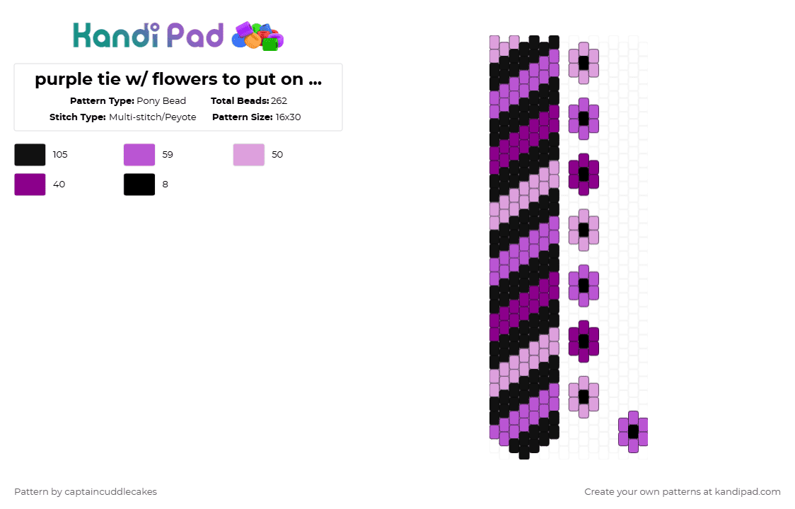 purple tie w/ flowers to put on necklace or tie - Pony Bead Pattern by bookix on Kandi Pad - pink,black