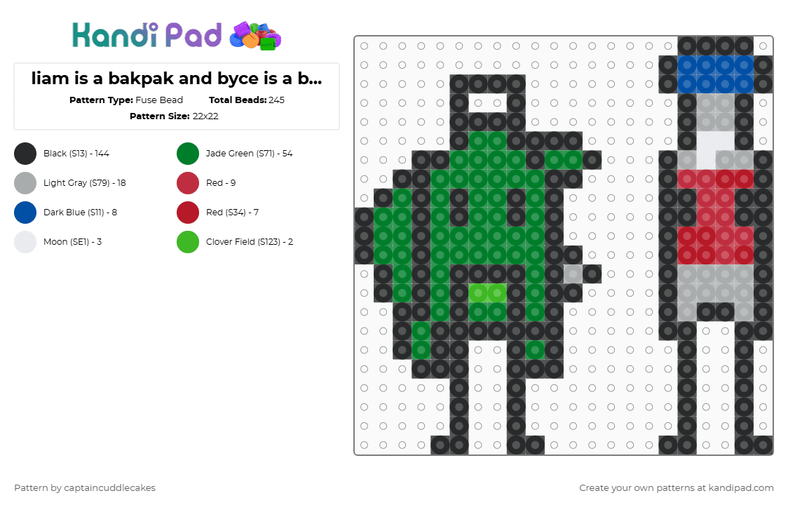 liam is a bakpak and byce is a bottl - Fuse Bead Pattern by vixcore on Kandi Pad - black,green