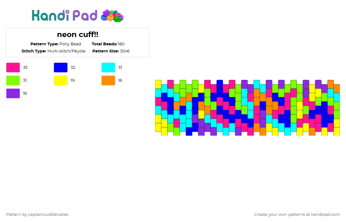 neon cuff!! - Pony Bead Pattern by vixcore on Kandi Pad - pink,purple,light blue,green,neon,multistich,random,silly