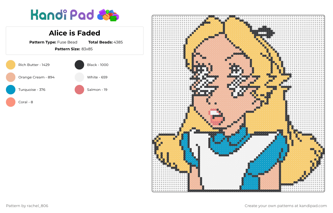 Alice is Faded - Fuse Bead Pattern by rachel_806 on Kandi Pad - alice in wonderland,trippy,alice,artwork,character,figure,yellow,beige