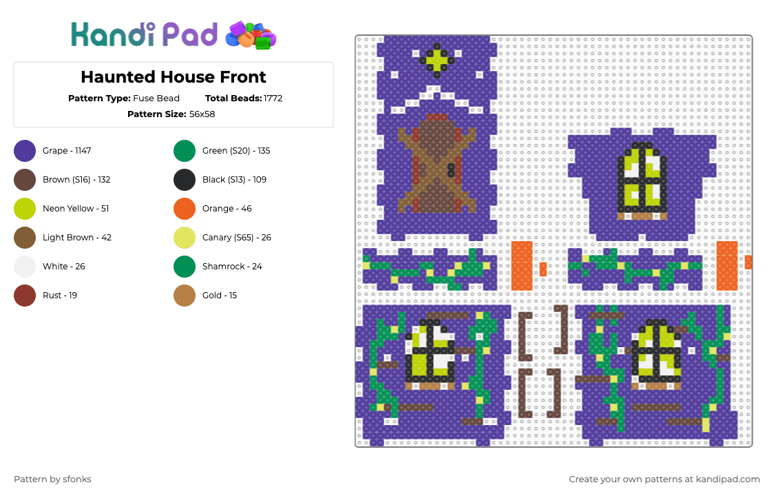 Haunted House Front - Fuse Bead Pattern by sfonks on Kandi Pad - green,purple