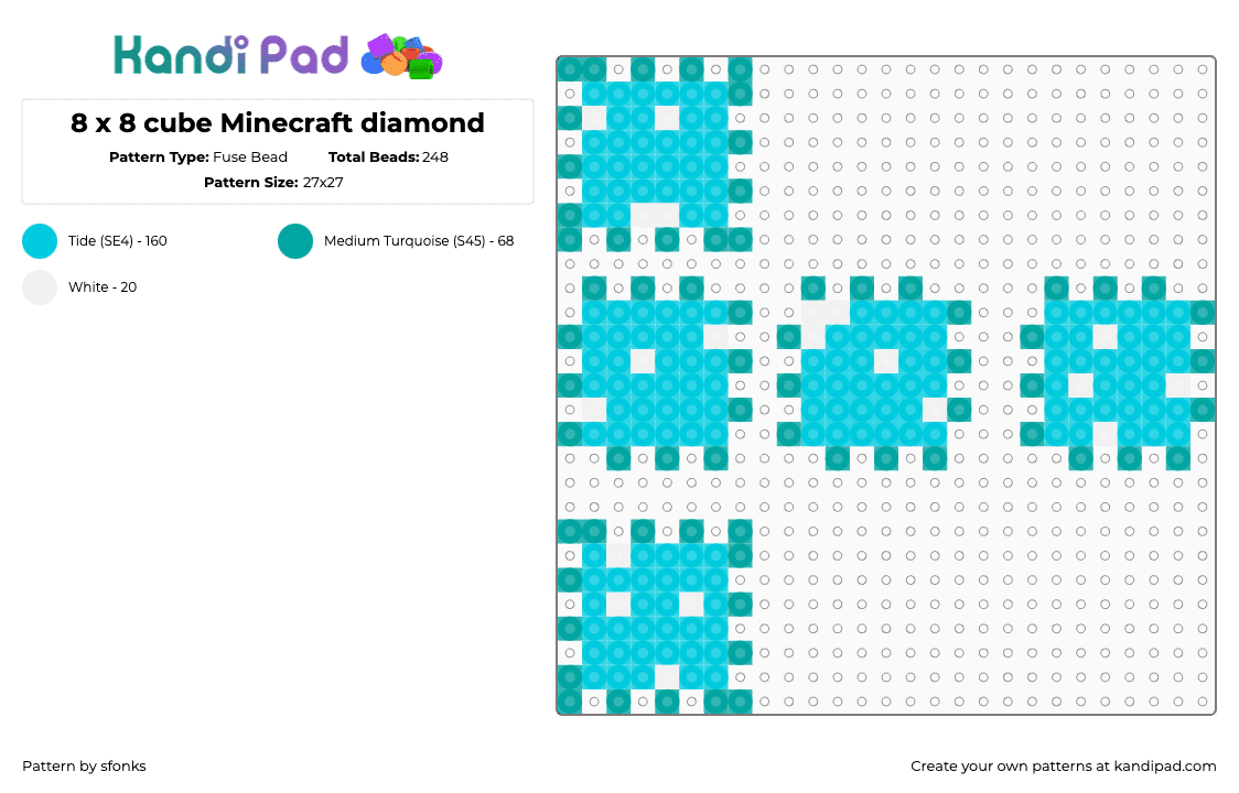 8 x 8 cube Minecraft diamond - Fuse Bead Pattern by sfonks on Kandi Pad - teal,light blue