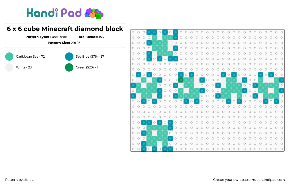 6 x 6 cube Minecraft diamond block - Fuse Bead Pattern by sfonks on Kandi Pad - teal
