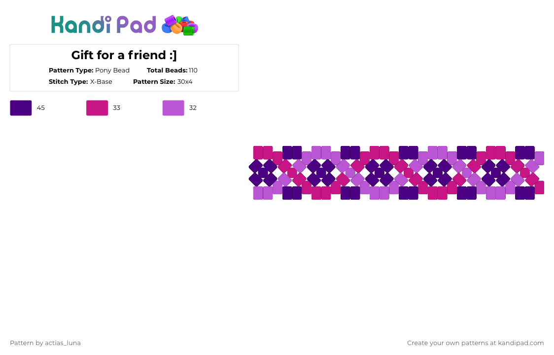 Gift for a friend :] - Pony Bead Pattern by actias_luna on Kandi Pad - pink,purple,dna cuff,x base