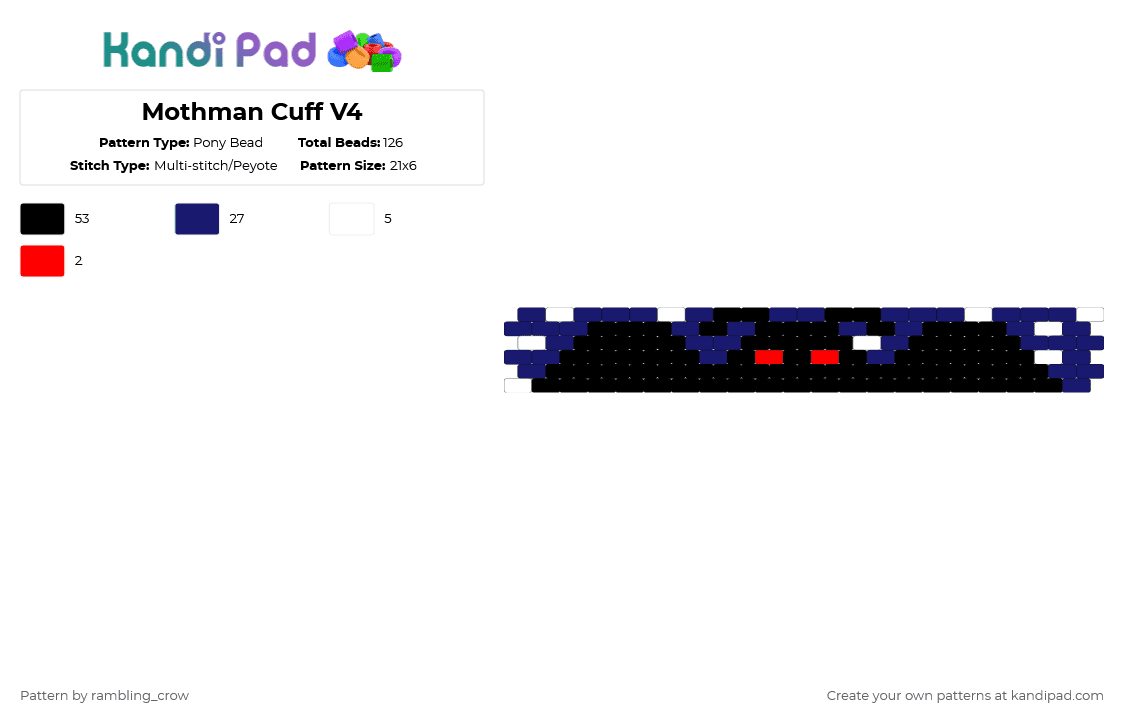 Mothman Cuff V4 - Pony Bead Pattern by rambling_crow on Kandi Pad - animal,creature,folklore,halloween,spooky,black,purple,mothman,cryptid,even peyote,peyote,simple