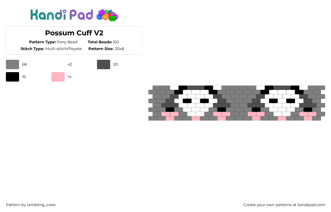 Possum Cuff V2 - Pony Bead Pattern by rambling_crow on Kandi Pad - possum,animal,gray,opossum,simple,even peyote,peyote,cuff