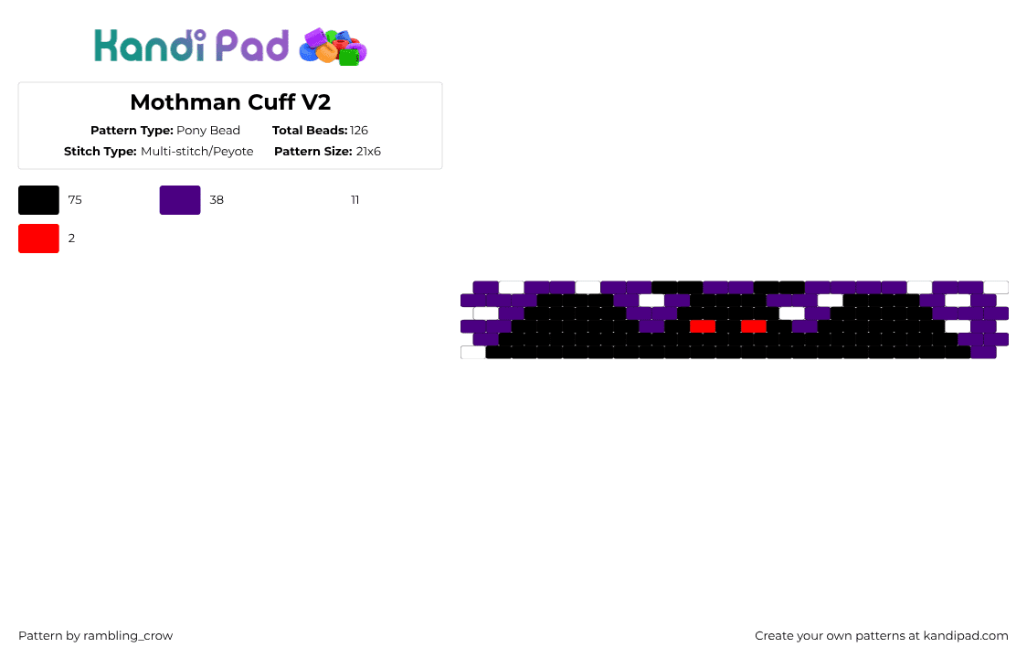Mothman Cuff V2 - Pony Bead Pattern by rambling_crow on Kandi Pad - black,purple,mothman,moth man,cryptid,cryptids,cuff,peyote,even peyote,simple