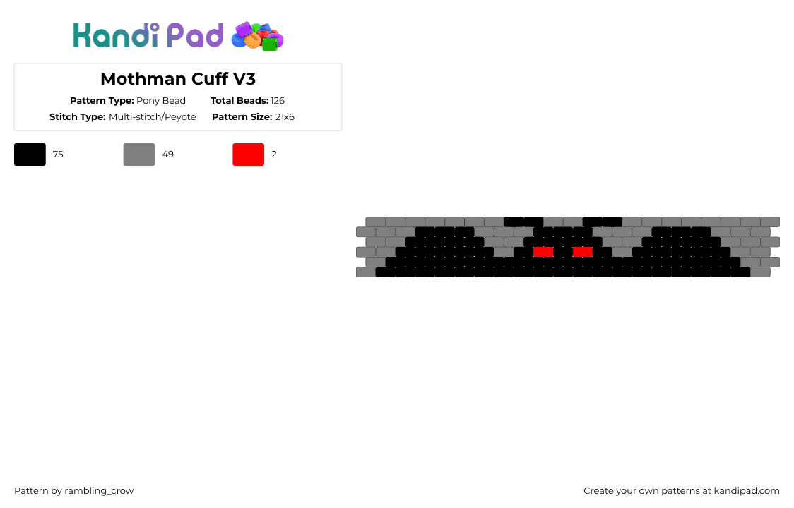 Mothman Cuff V3 - Pony Bead Pattern by rambling_crow on Kandi Pad - mothman,spooky,halloween,gray,moth man,cryptid,cryptids,cuff,peyote,even peyote,simple