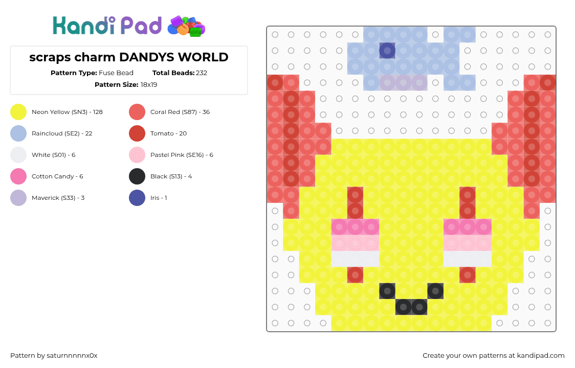 scraps charm DANDYS WORLD - Fuse Bead Pattern by saturnnnnnx0x on Kandi Pad - yellow,red
