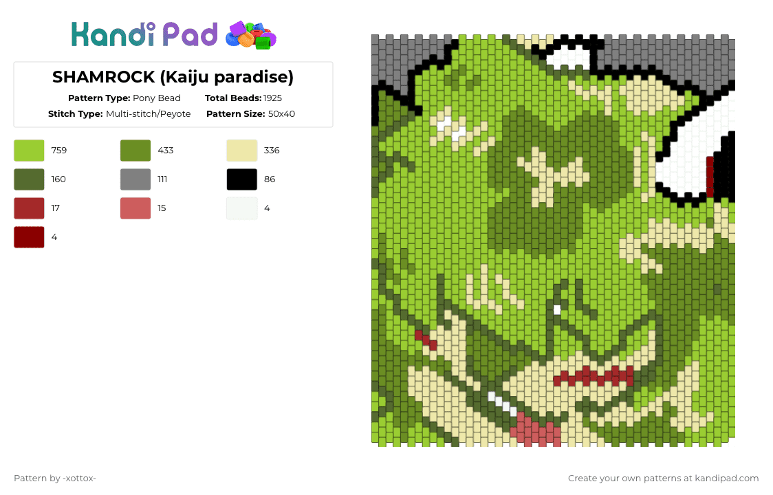 SHAMROCK (Kaiju paradise) - Pony Bead Pattern by -_redtail_- on Kandi Pad - green,kaiju paradise,furry,sheep,cute,video game character,character,video game