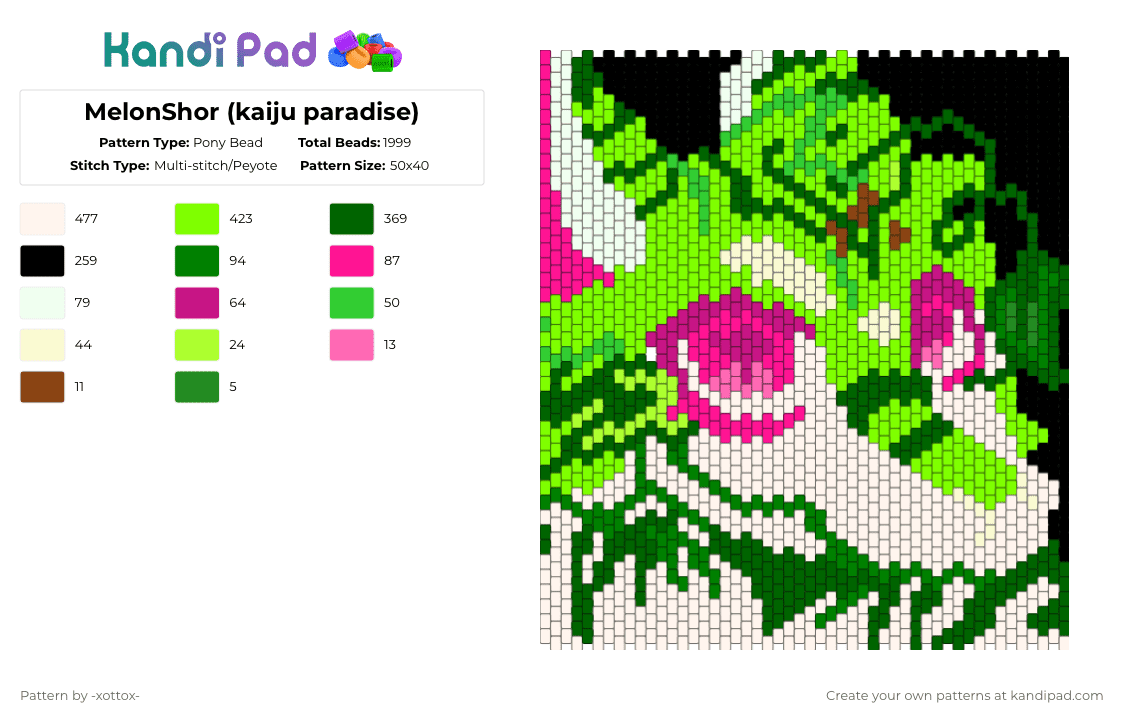 MelonShor (kaiju paradise) - Pony Bead Pattern by -_redtail_- on Kandi Pad - green,kaiju paradise,furry,shark,cute,melon,video game,character,video game character