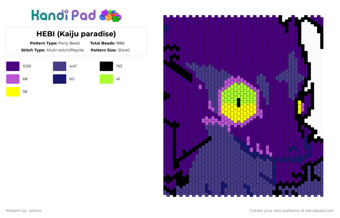 HEBI (Kaiju paradise) - Pony Bead Pattern by -_redtail_- on Kandi Pad - purple,kaiju paradise,furry,lizard,panel,character,silly,video game,video game character