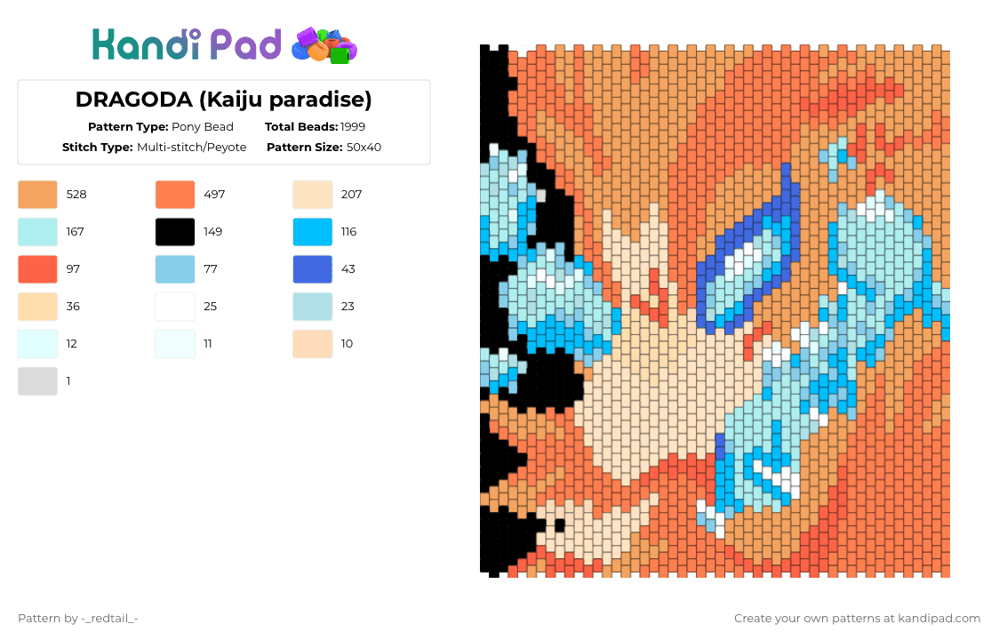 DRAGODA (Kaiju paradise) - Pony Bead Pattern by -_redtail_- on Kandi Pad - light blue,orange,kaiju paradise,furry,dragon,cute,soap,video game,game,character