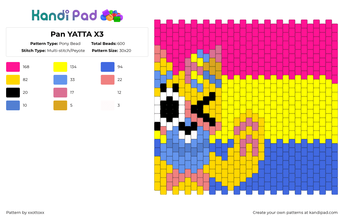 Pan YATTA X3 - Pony Bead Pattern by -_redtail_- on Kandi Pad - blue,yellow,pink