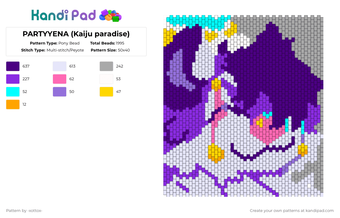 PARTYYENA (Kaiju paradise) - Pony Bead Pattern by -_redtail_- on Kandi Pad - purple,beige,kaiju paradise,furry,hiyena,fursona,video game,game,character,video game character