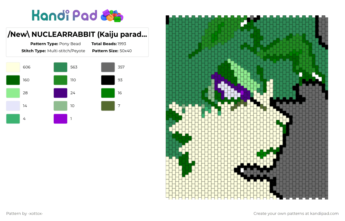/New\\ NUCLEARRABBIT (Kaiju paradise) - Pony Bead Pattern by -_redtail_- on Kandi Pad - green,gray,kaiju paradise,furry,bunny,rabbit,nuclear,poison,dangerous rabbit,furry rabbit
