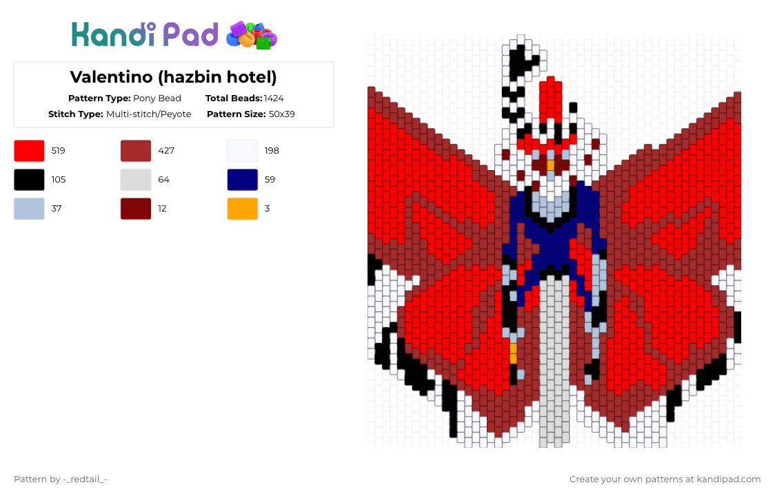 Valentino (hazbin hotel) - Pony Bead Pattern by -_redtail_- on Kandi Pad - red,hazbin hotel,hazbin,moth,valentino,show,show character,character,hazbin hotel valentino