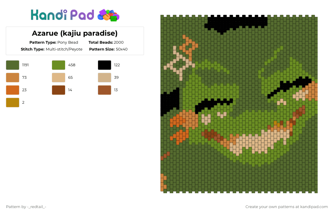 Azarue (kajiu paradise) - Pony Bead Pattern by -_redtail_- on Kandi Pad - gold,green,kaiju paradise,furry,bug,plant,silly,video game,character,video game character