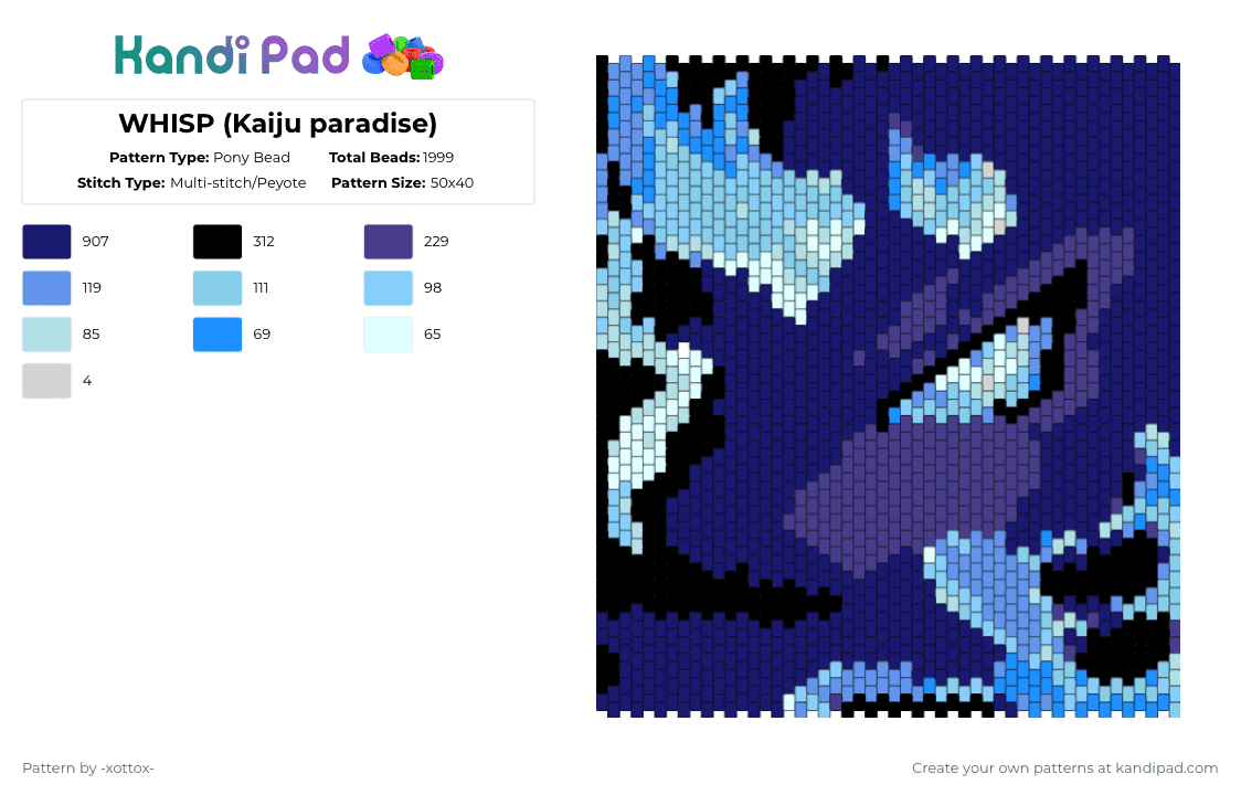 WHISP (Kaiju paradise) - Pony Bead Pattern by -_redtail_- on Kandi Pad - light blue,purple,kaiju paradise,cotddragons,furry,dragon,shark,video game,video game character,character