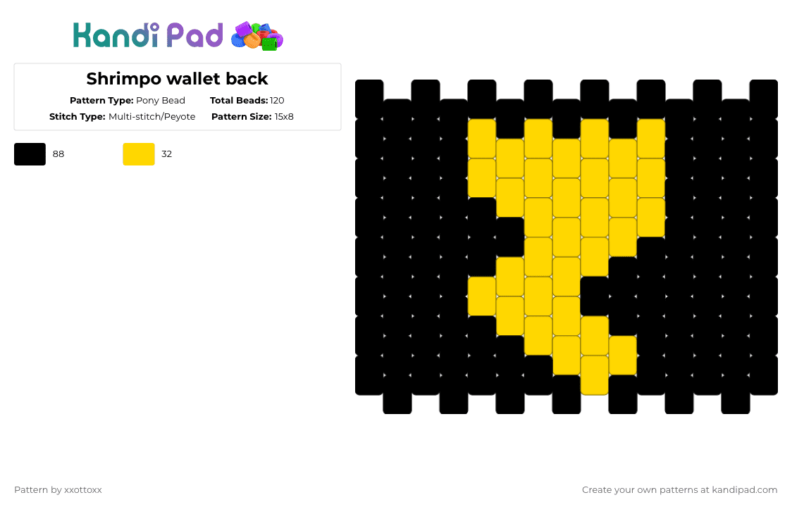 Shrimpo wallet back - Pony Bead Pattern by -_redtail_- on Kandi Pad - black,yellow