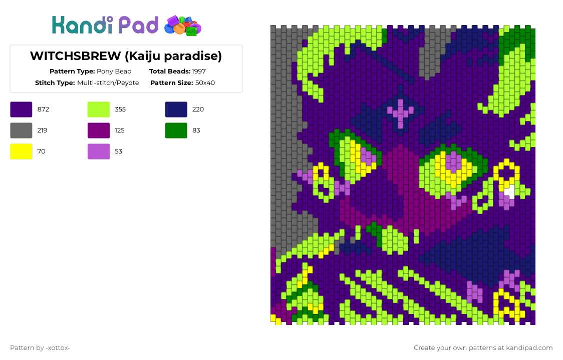 WITCHSBREW (Kaiju paradise) - Pony Bead Pattern by -_redtail_- on Kandi Pad - purple,green,kaiju paradise,furry,witchesbrew,video game character,video game,character,cotddragons,dragon
