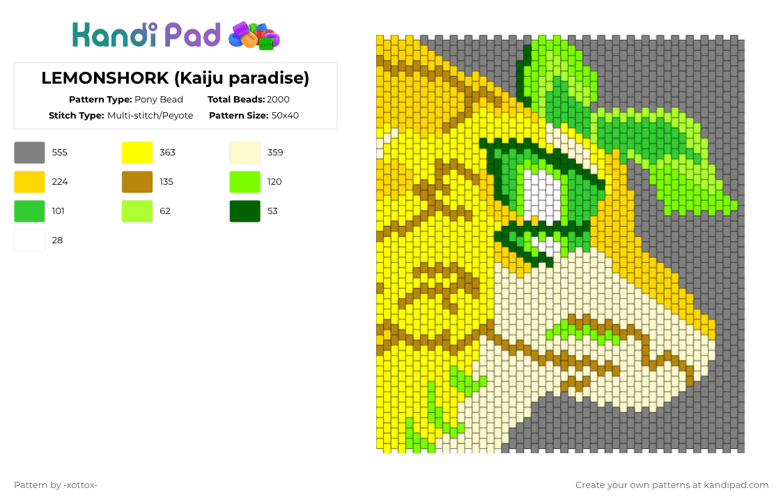 LEMONSHORK (Kaiju paradise) - Pony Bead Pattern by -_redtail_- on Kandi Pad - yellow,gray,kaiju paradise,fuury,cute,lemon,shark,lemon shark,video game character,video game