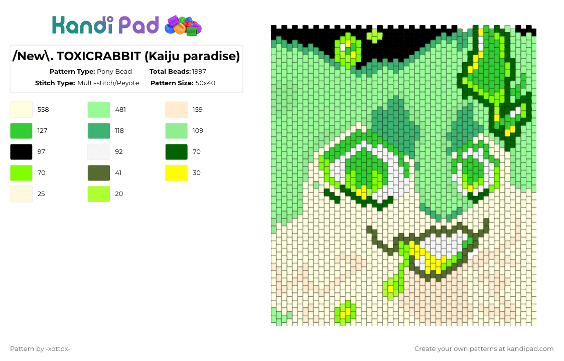 /New\\. TOXICRABBIT (Kaiju paradise) - Pony Bead Pattern by -_redtail_- on Kandi Pad - green,teal,kaiju paradise,furry,fursona,rabbit,bunny,toxic,toxins,radioactive