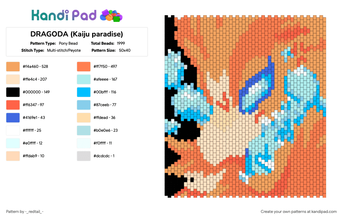 DRAGODA (Kaiju paradise) - Pony Bead Pattern by -_redtail_- on Kandi Pad - character, cute, dragon, furry, game, kaiju paradise, light blue, orange, soap, video game