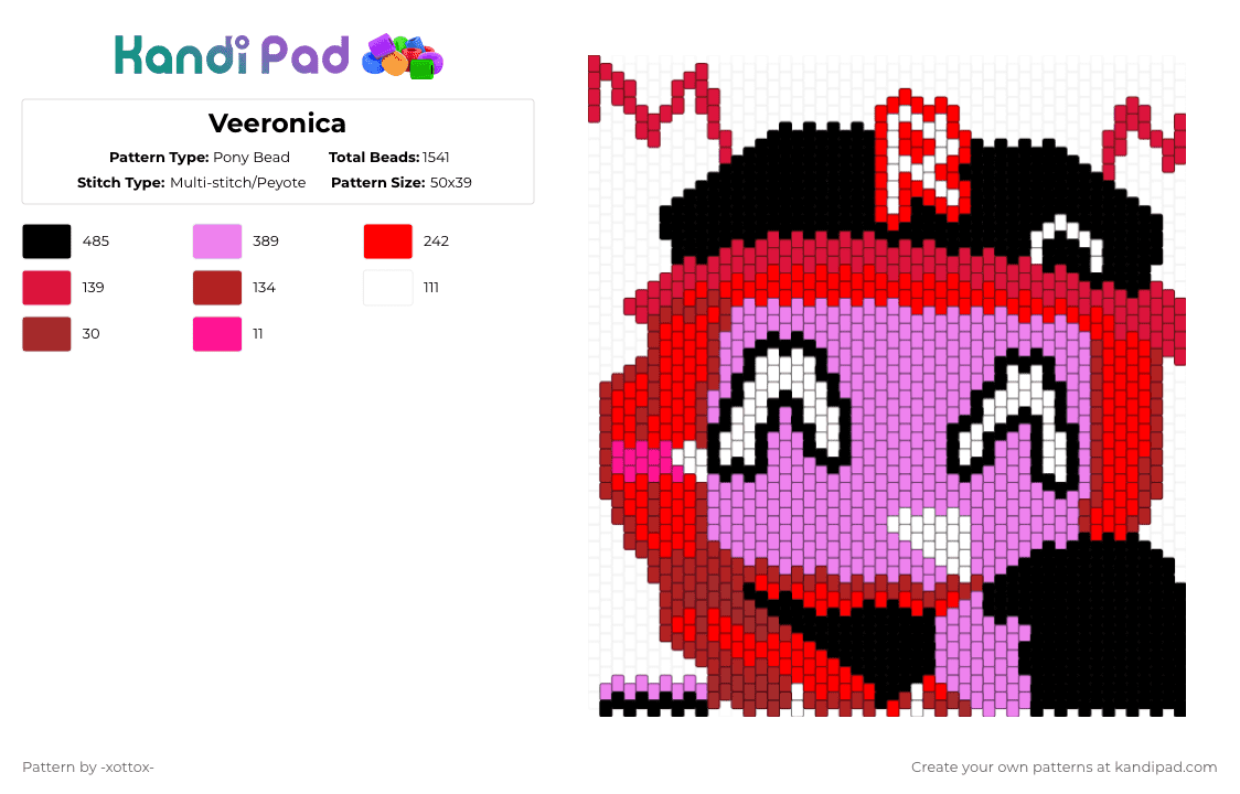 Veeronica - Pony Bead Pattern by -_redtail_- on Kandi Pad - red,pink,forsaken veeronica,forsaken,roblox,video game,character