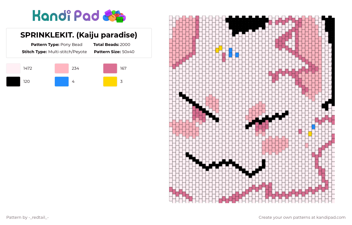 SPRINKLEKIT. (Kaiju paradise) - Pony Bead Pattern by -_redtail_- on Kandi Pad - white,pink,kaiju paradise,furry,ice cream,cute,video game,character,game,video game character