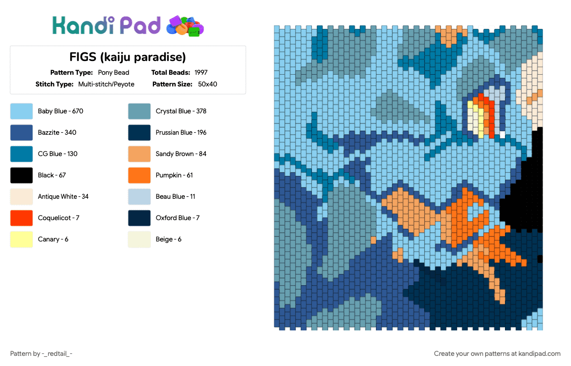 FIGS (kaiju paradise) - Pony Bead Pattern by legallyotto on Kandi Pad - blue, light blue, teal