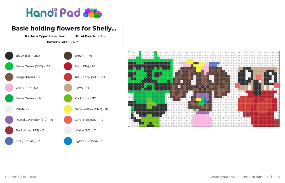 Basie holding flowers for Shelly  🌺 - Fuse Bead Pattern by -_redtail_- on Kandi Pad - brown,green,red