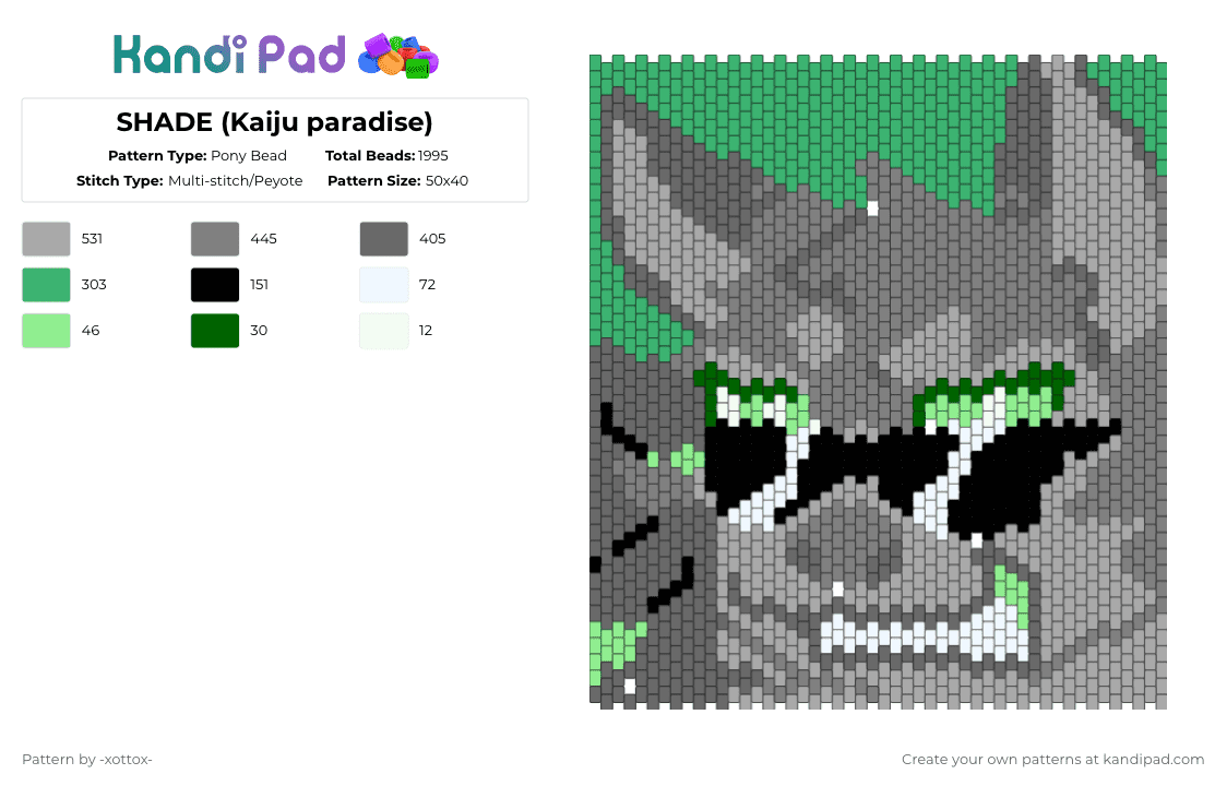 SHADE (Kaiju paradise) - Pony Bead Pattern by -_redtail_- on Kandi Pad - gray,beige,kaiju paradise,furry,wolf,sunglasses,green,video game character,video game,gamble