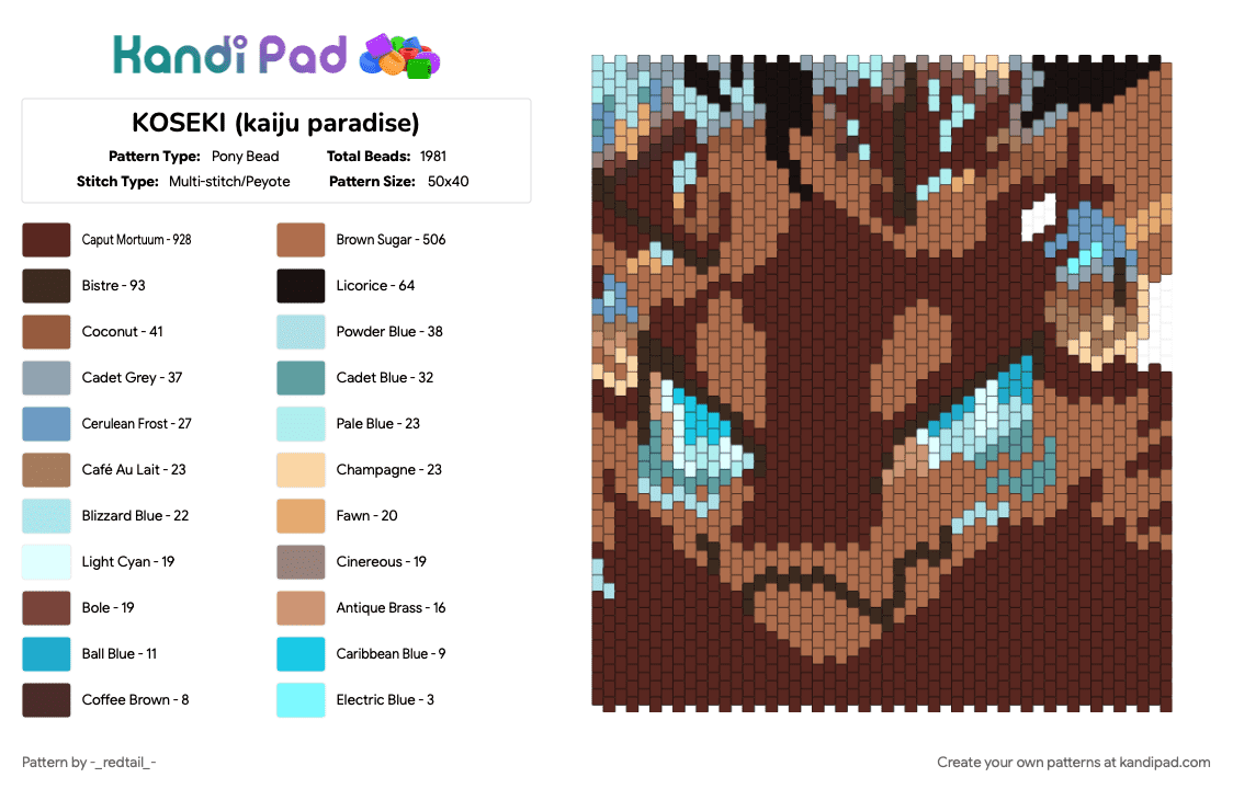 KOSEKI (kaiju paradise) - Pony Bead Pattern by legallyotto on Kandi Pad - animal, brown, character, furry, game, kaiju paradise, moth, tan, video game