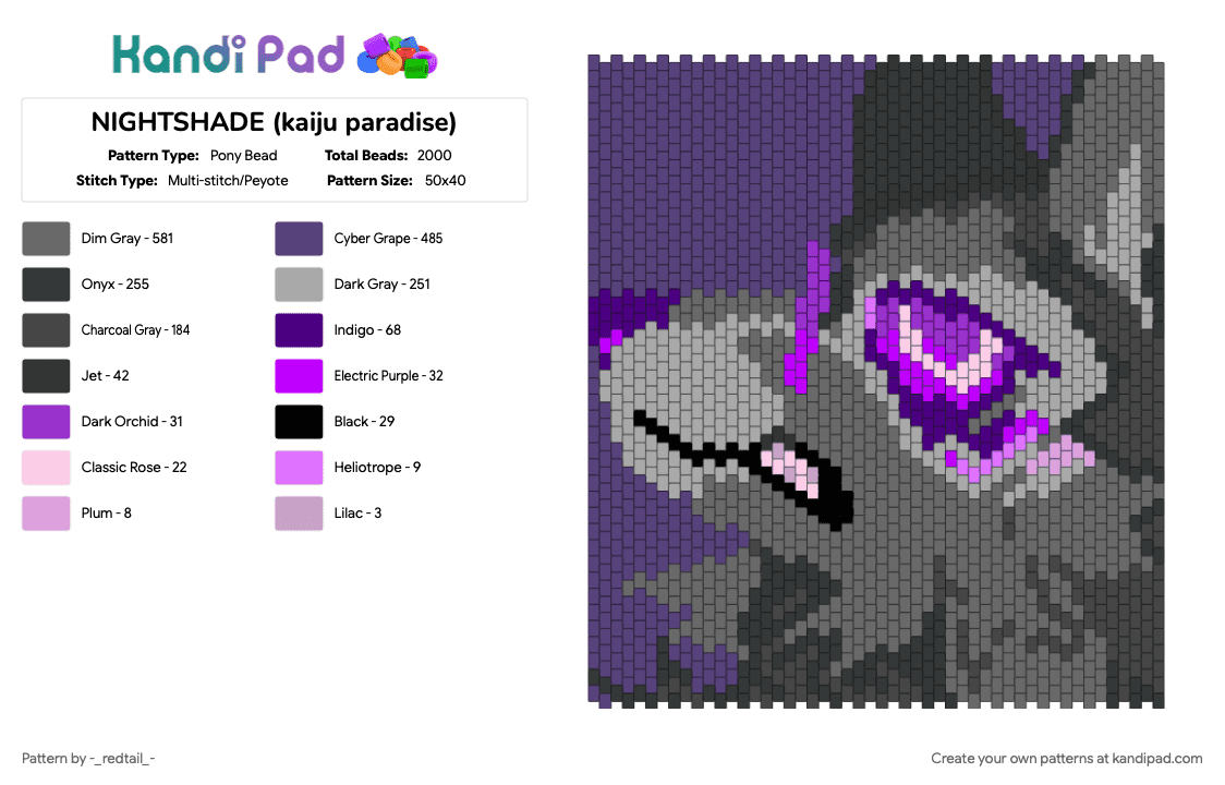 NIGHTSHADE (kaiju paradise) - Pony Bead Pattern by legallyotto on Kandi Pad - animal, character, furry, game, gray, kaiju paradise, panel, purple, video game, wolf