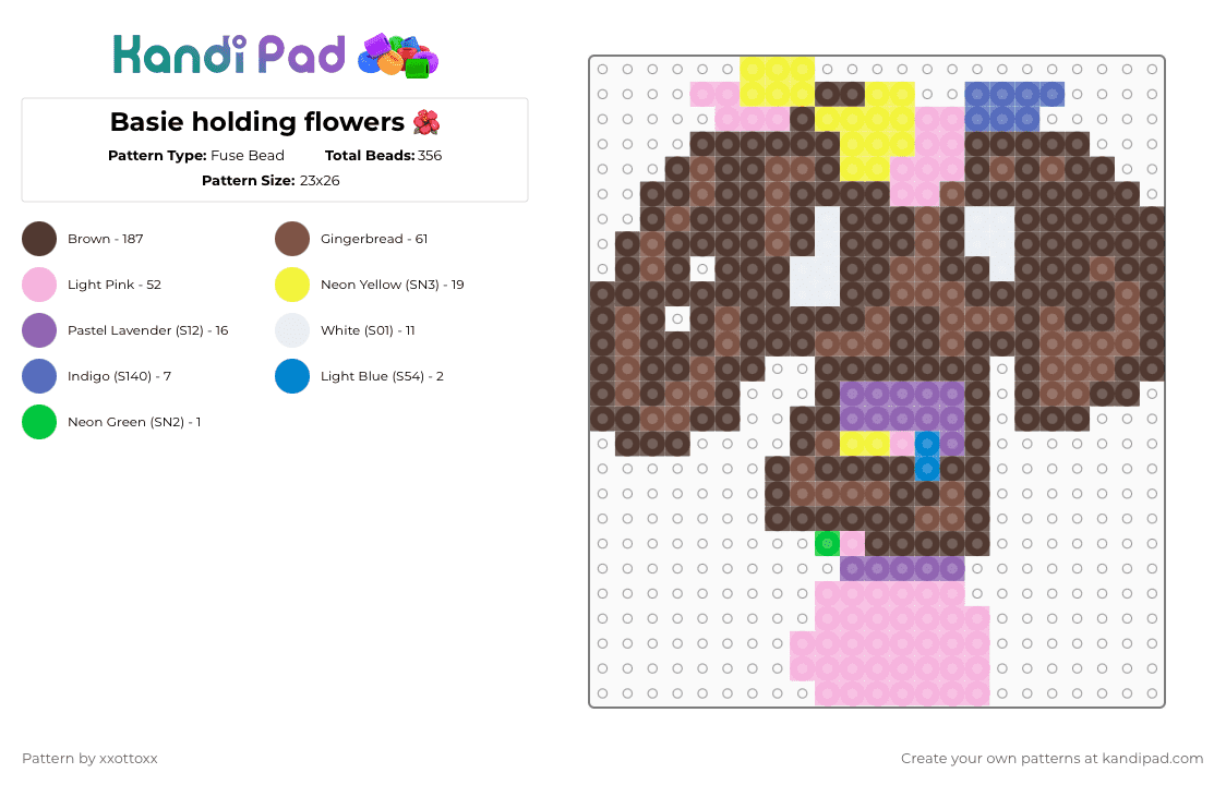 Basie holding flowers 🌺 - Fuse Bead Pattern by -_redtail_- on Kandi Pad - brown,pink,tan