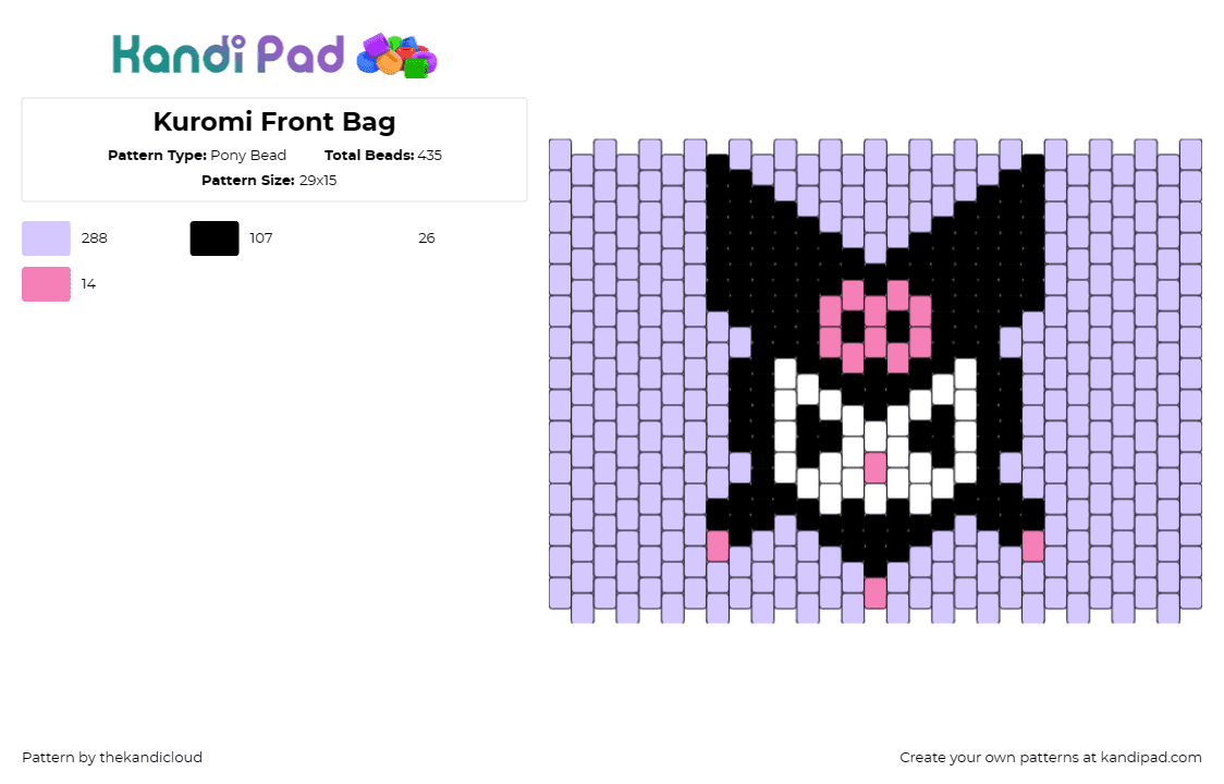 Kuromi Front Bag - Pony Bead Pattern by thekandicloud on Kandi Pad - kuromi,sanrio,character,bag,panel,purple,pink,black