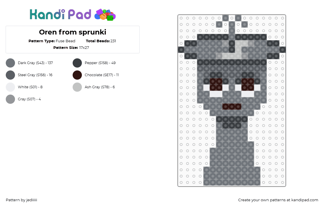 Oren from sprunki - Fuse Bead Pattern by jediiiii on Kandi Pad - gray