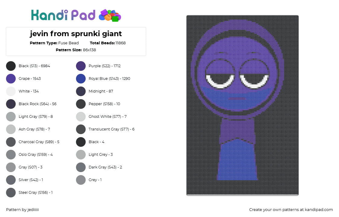 jevin from sprunki giant - Fuse Bead Pattern by jediiiii on Kandi Pad - jevin,blue,sprunki,game