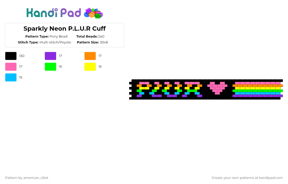 Sparkly Neon P.L.U.R Cuff - Pony Bead Pattern by american_idiot on Kandi Pad - black,purple,orange,pink,plur,scene,rave,neon,rainbow,cuff,love,peyote